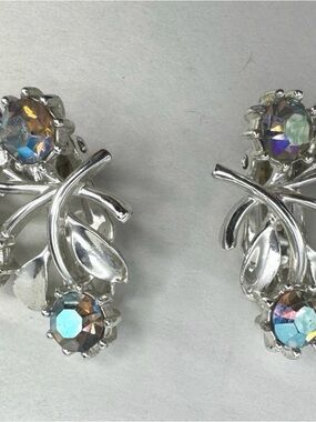 Silver Floral earrings with clip on Aurora Borealis Crystals